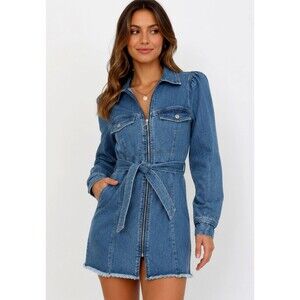 Le Lis Collection Denim Mini Dress Full Zip Belted Long Sleeve Size Small